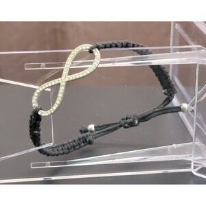 Infinity Friendship Bracelet Crystal Pavé Silver Tone Black Macrame Adjustable